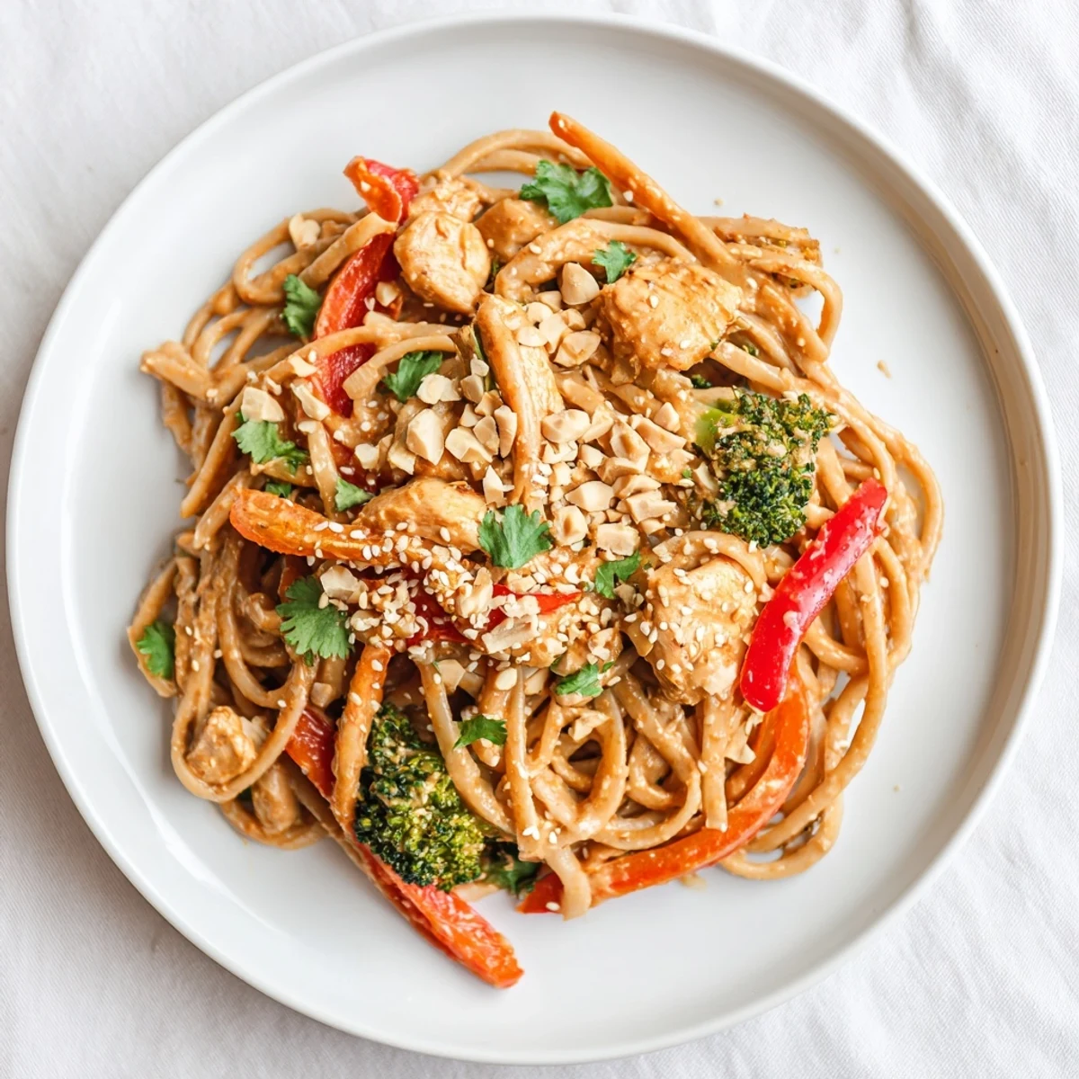 Tender chicken tossed with whole wheat noodles and crisp veggies in rich peanut sauce