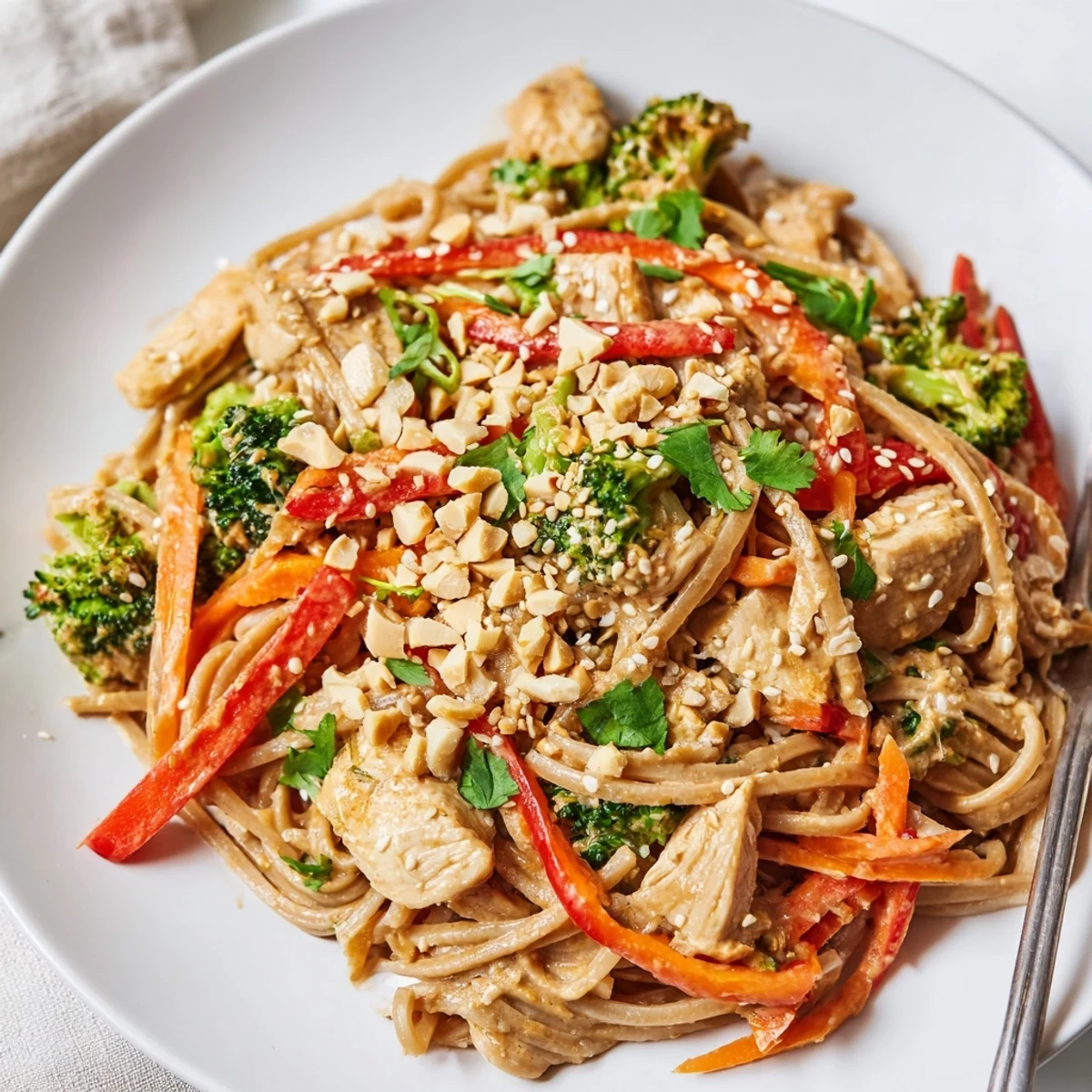 High protein peanut chicken noodle meal prep bowls topped with crushed peanuts and fresh cilantro