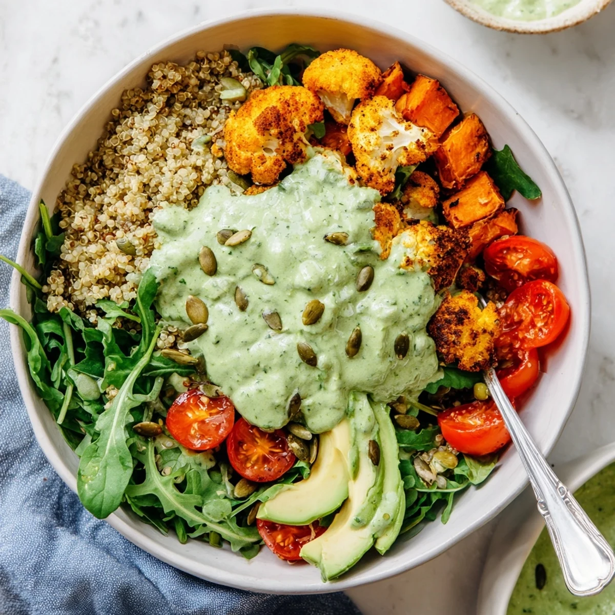 Vibrant healthy green goddess veggie bowl with roasted sweet potato, quinoa, and fresh vegetables drizzled with creamy herb dressing