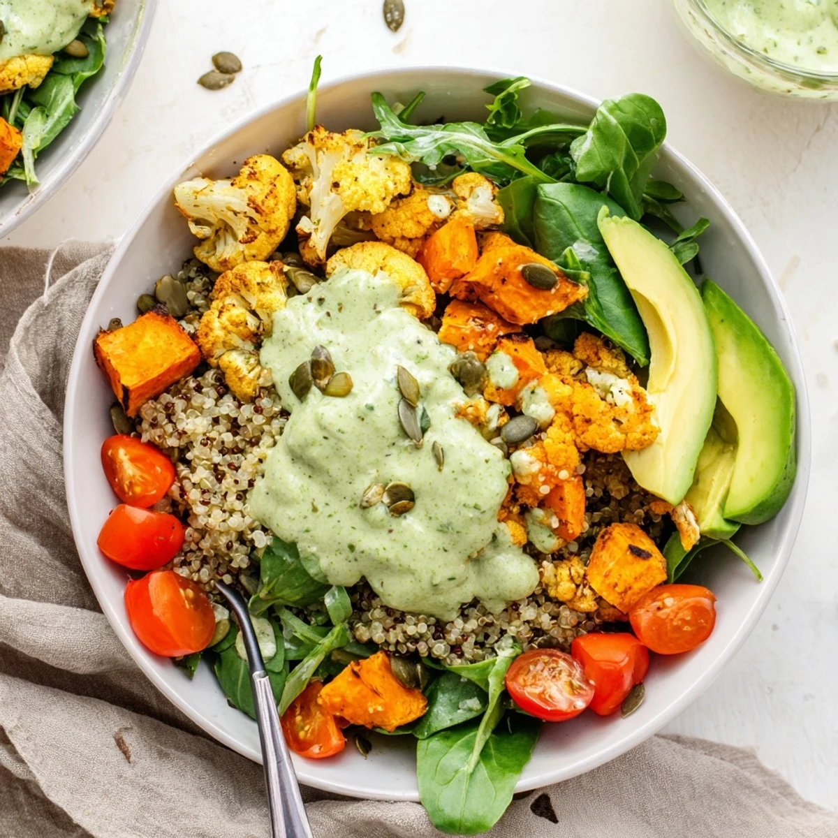 Colorful vegetarian grain bowl featuring avocado, cherry tomatoes, and crisp greens topped with healthy green goddess veggie bowl dressing