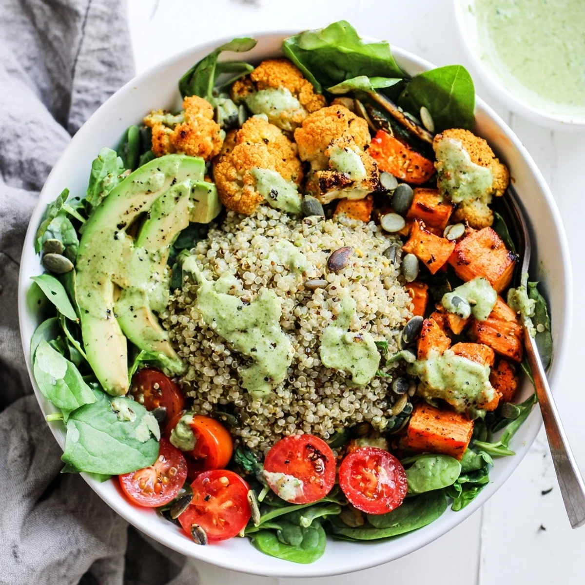 Golden roasted broccoli and cauliflower atop fluffy quinoa in this green goddess veggie bowl finished with tangy homemade herb dressing