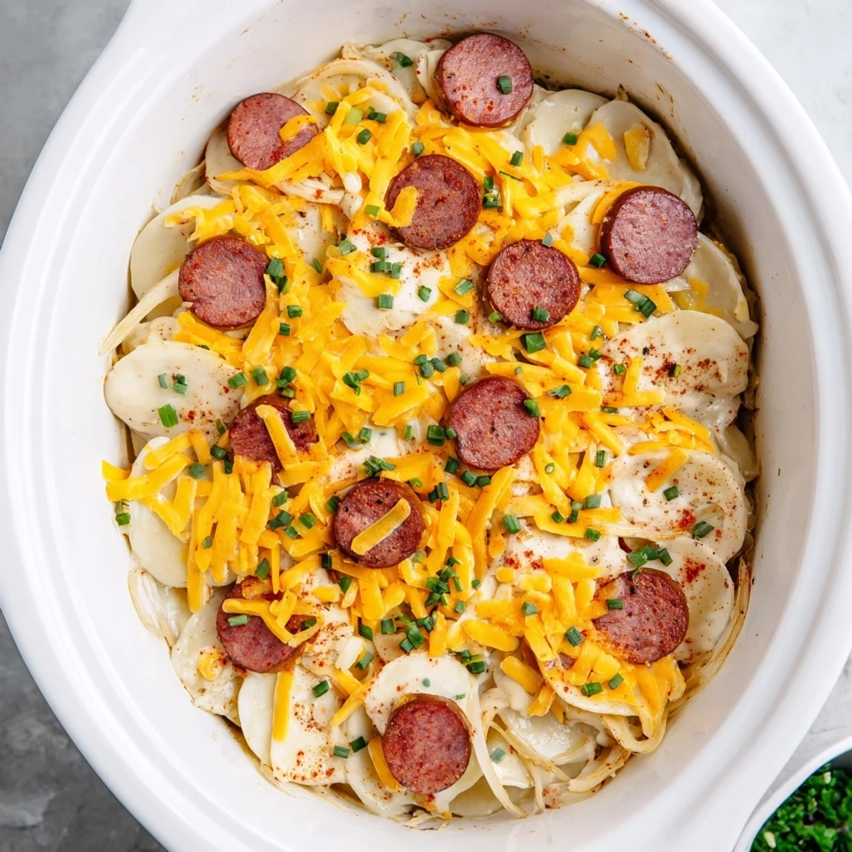 Layered pierogi casserole slow cooked with creamy sauce and golden melted cheese topping