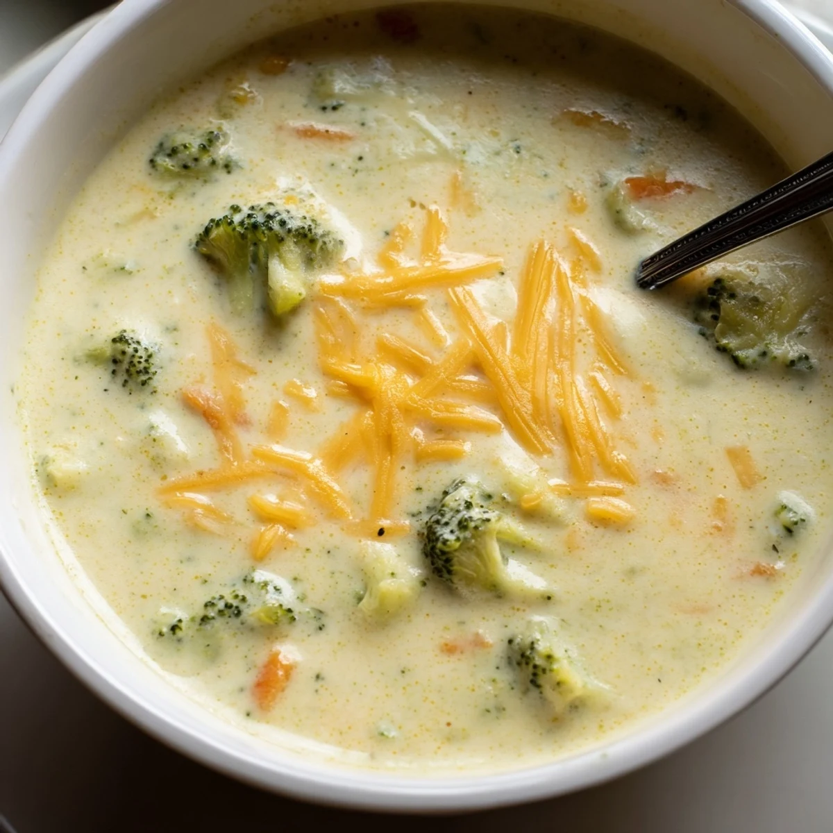 Golden bowl of rich Instant Pot Broccoli Cheddar Soup garnished with extra cheddar shavings