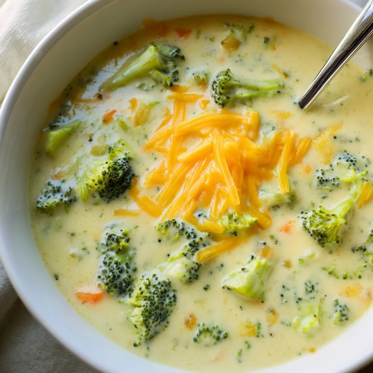 Creamy Instant Pot Broccoli Cheddar Soup topped with melted shredded cheese and fresh herbs