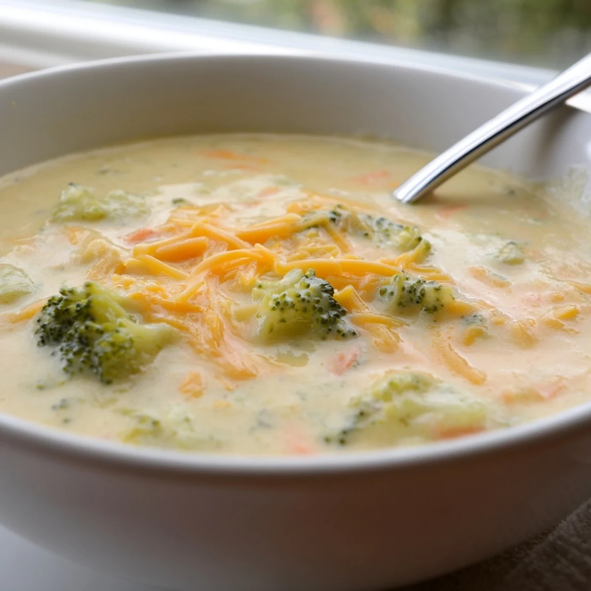 Velvety smooth Instant Pot Broccoli Cheddar Soup with visible broccoli florets and croutons