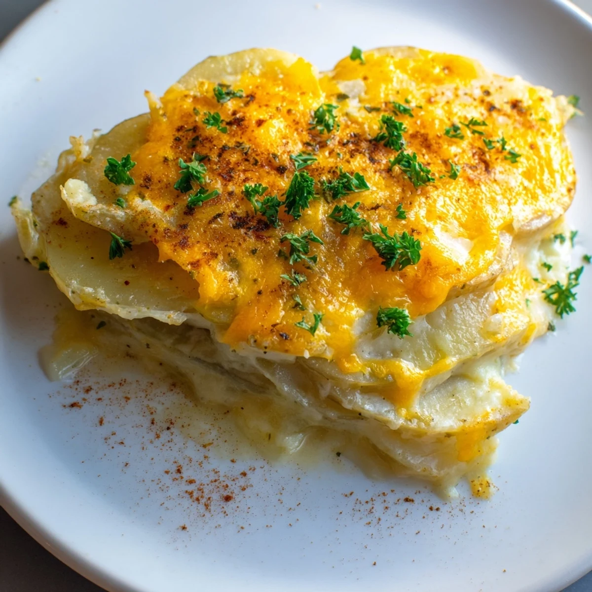 Golden Crockpot scalloped potatoes bubbling with melted sharp cheddar cheese and tender layered potato slices