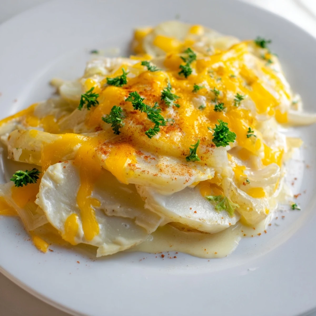 Creamy slow cooker scalloped potatoes with cheesy sauce and thinly sliced Yukon Gold potatoes