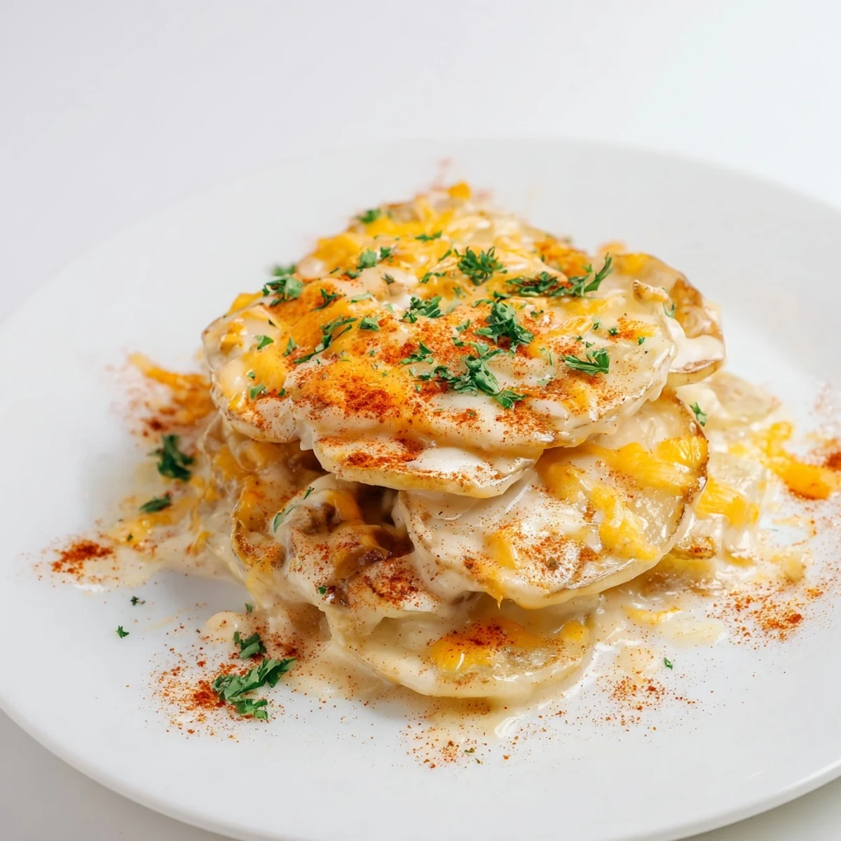Comforting Crockpot scalloped potatoes topped with paprika and fresh parsley after slow cooking