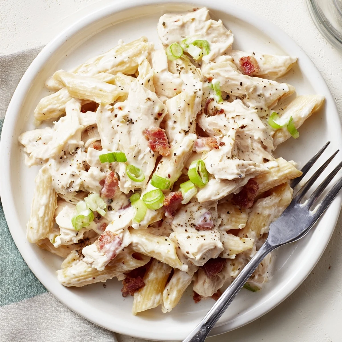 Creamy crack chicken pasta topped with crispy bacon and melted cheddar cheese in a rich white sauce