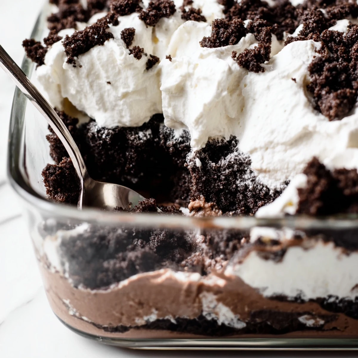 Keto dirt cake layered with rich chocolate pudding and fluffy whipped cream in a glass dish