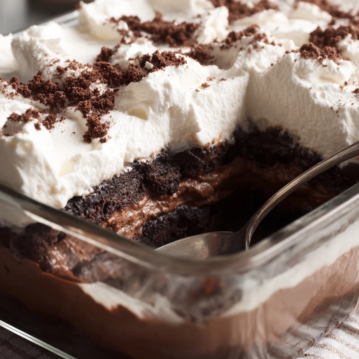 Creamy no-bake keto dirt cake topped with crunchy chocolate almond crumble resembling garden soil