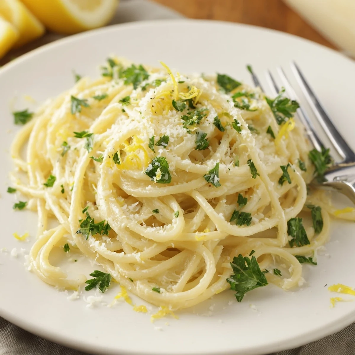 Savory one pot garlic butter pasta steaming in a white bowl with grated parmesan topping