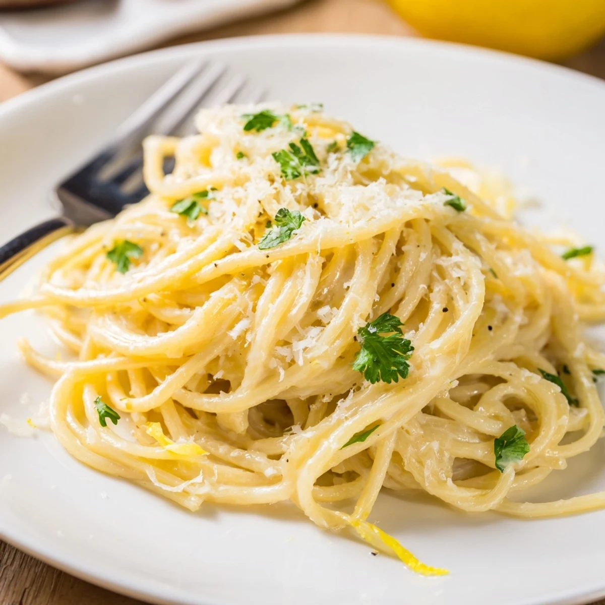 Golden spaghetti coated in rich garlic butter sauce with lemon zest and green parsley garnish