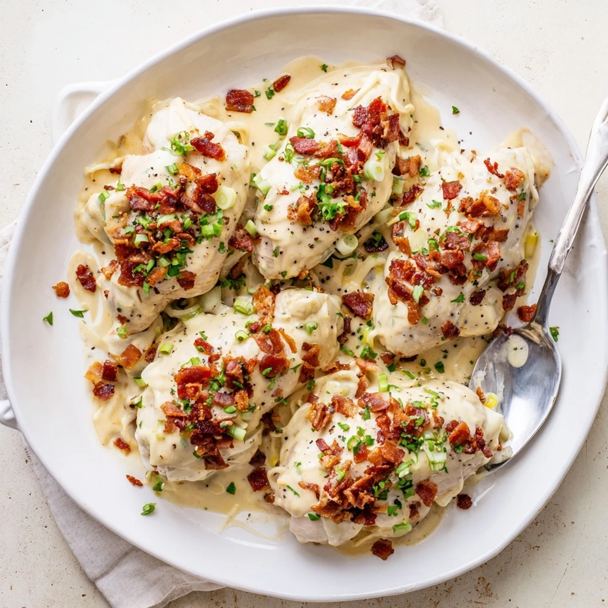 Creamy Crockpot Million Dollar Chicken topped with crispy bacon crumbles and fresh herbs