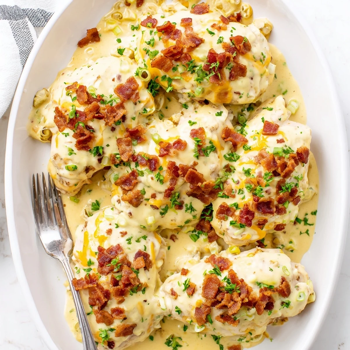 Savory slow cooker Million Dollar Chicken with gooey cheese layer and bacon sprinkles