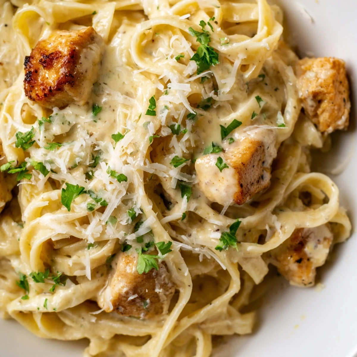 Golden chicken and fettuccine swimming in a velvety white sauce made in the pressure cooker