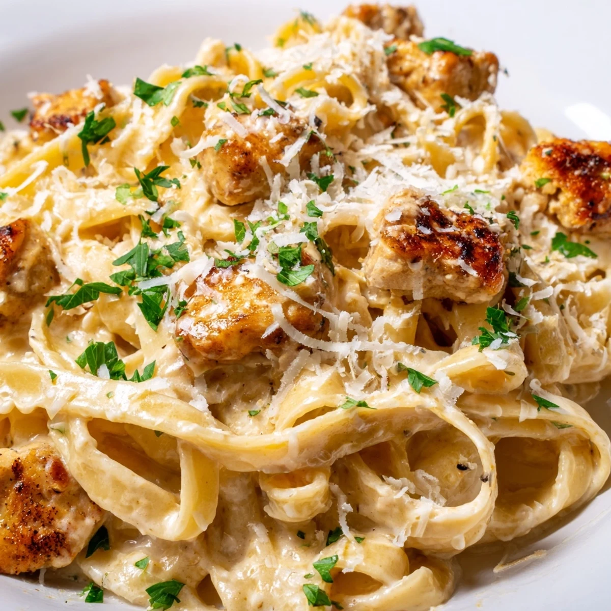 Creamy Instant Pot Chicken Alfredo with tender pasta pieces coated in rich parmesan garlic sauce