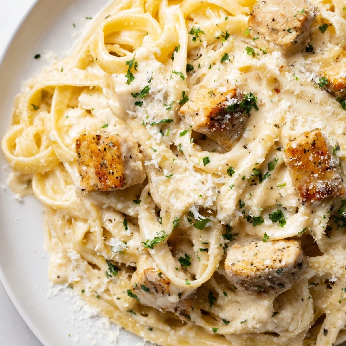 Steaming bowl of Instant Pot Chicken Alfredo topped with fresh parsley and extra grated parmesan