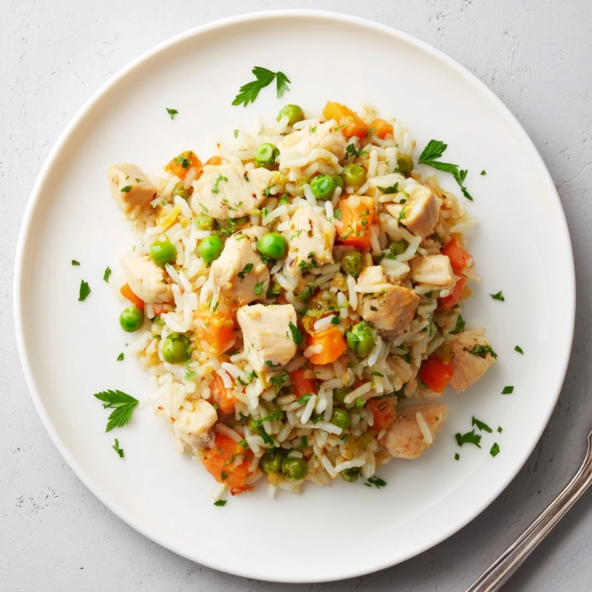 Golden Instant Pot chicken and rice with tender vegetables garnished with fresh parsley