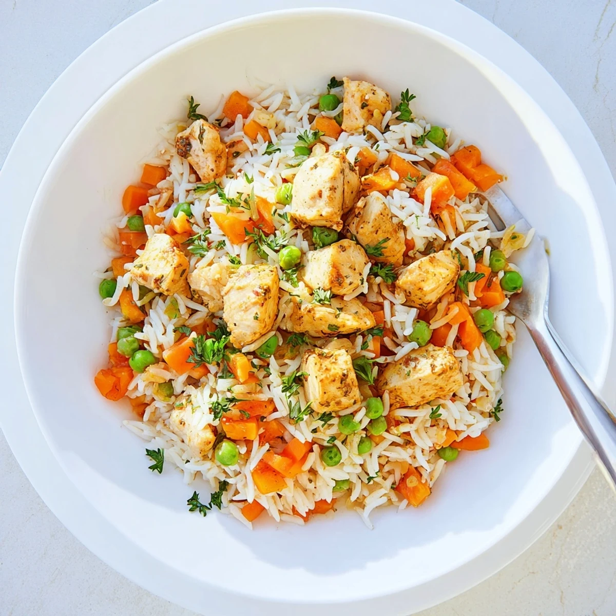 One-pot comfort meal featuring fluffy white rice alongside savory chicken thighs and colorful diced vegetables