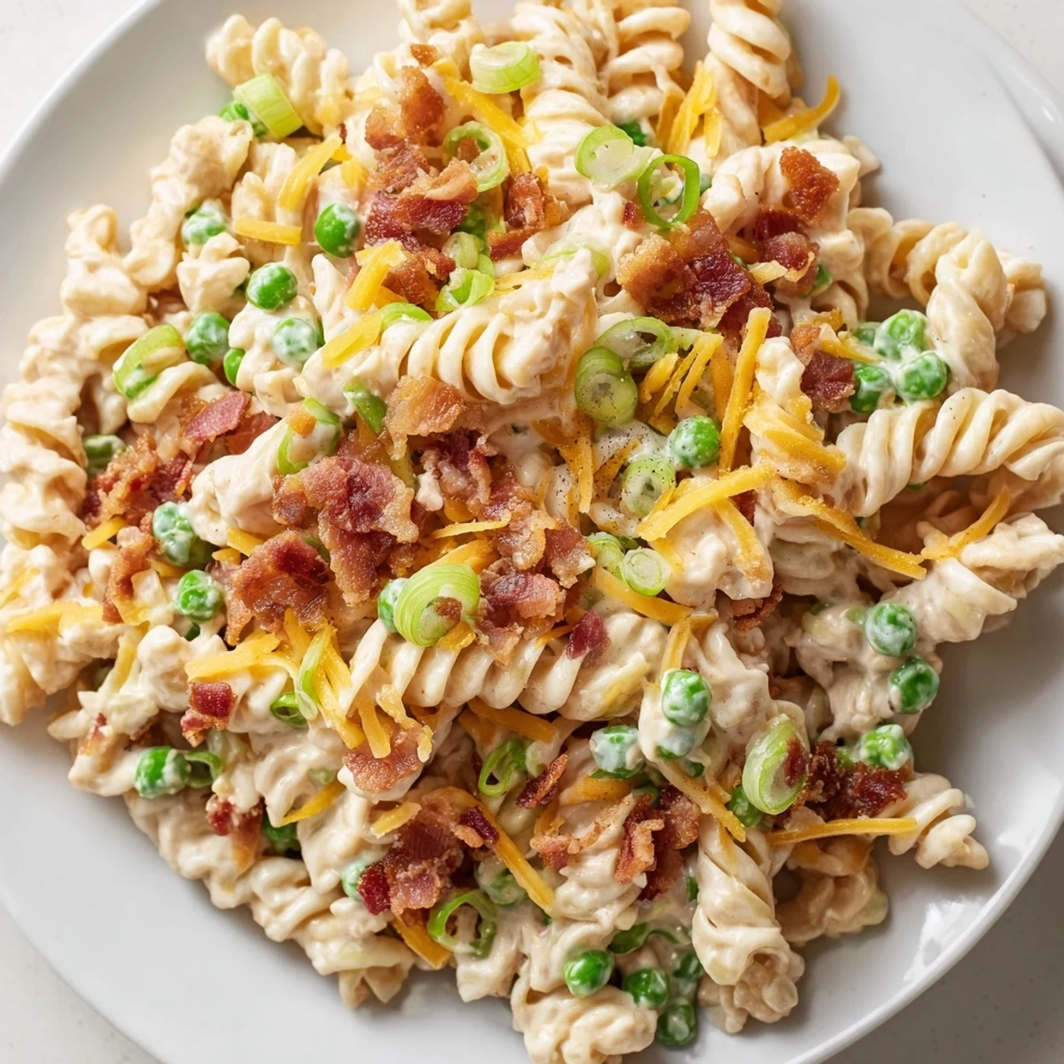 Creamy crack pasta salad with crispy bacon, cheddar, and ranch tossed with rotini