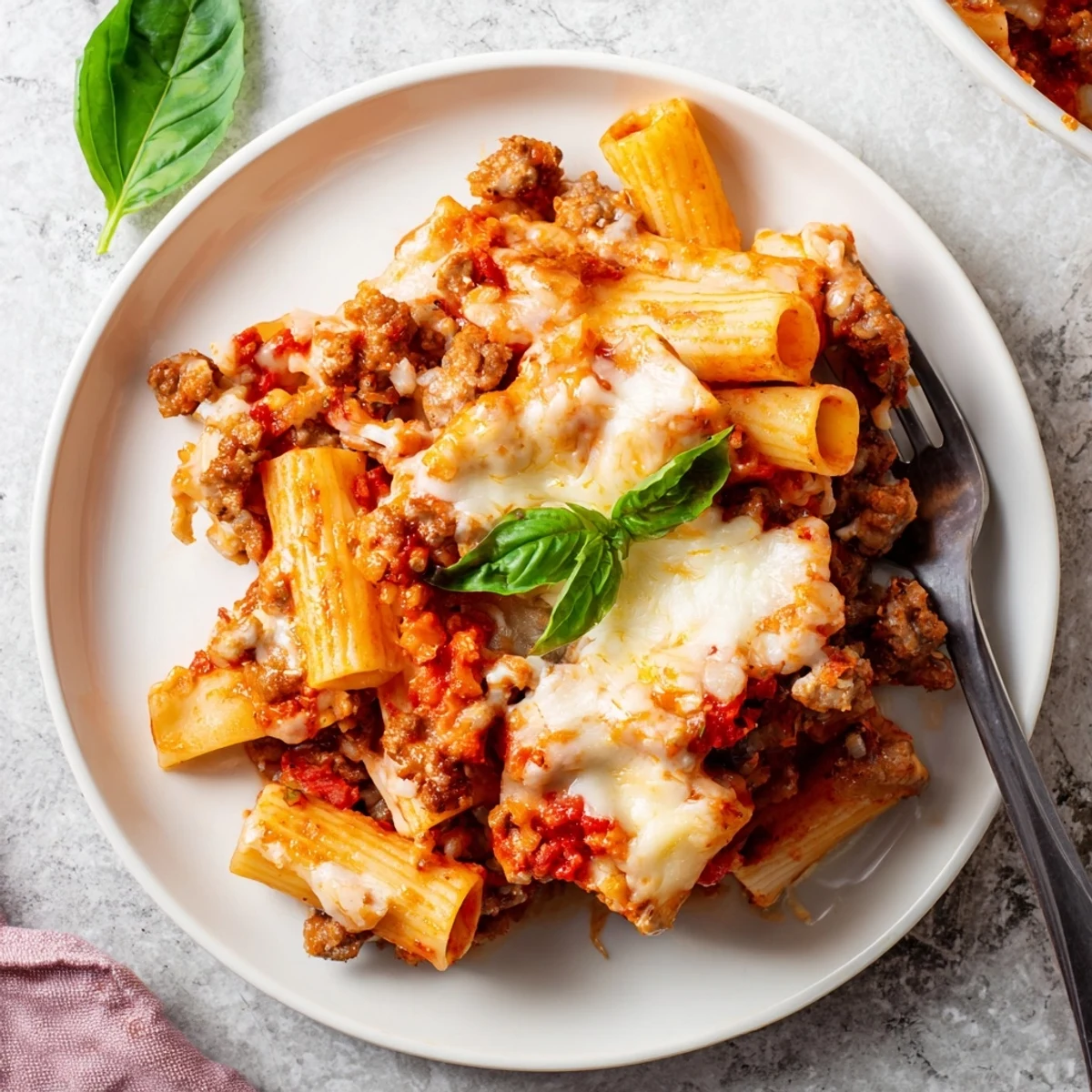 Slow cooker baked ziti with melted mozzarella and Italian sausage in rich marinara