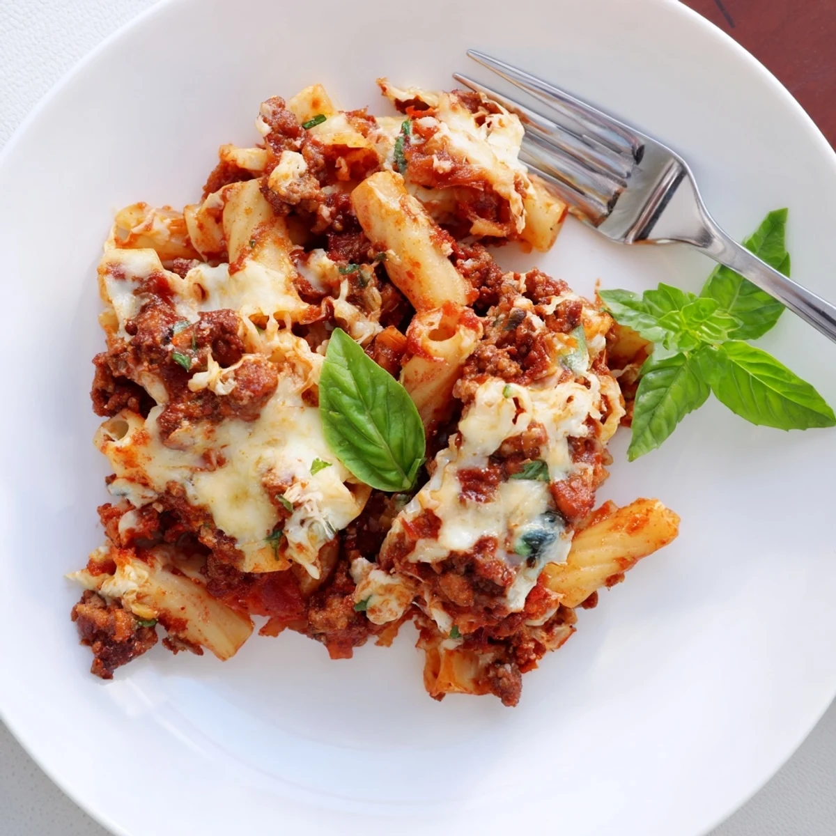 Comforting baked ziti pasta dish layered with creamy ricotta and bubbly golden cheese