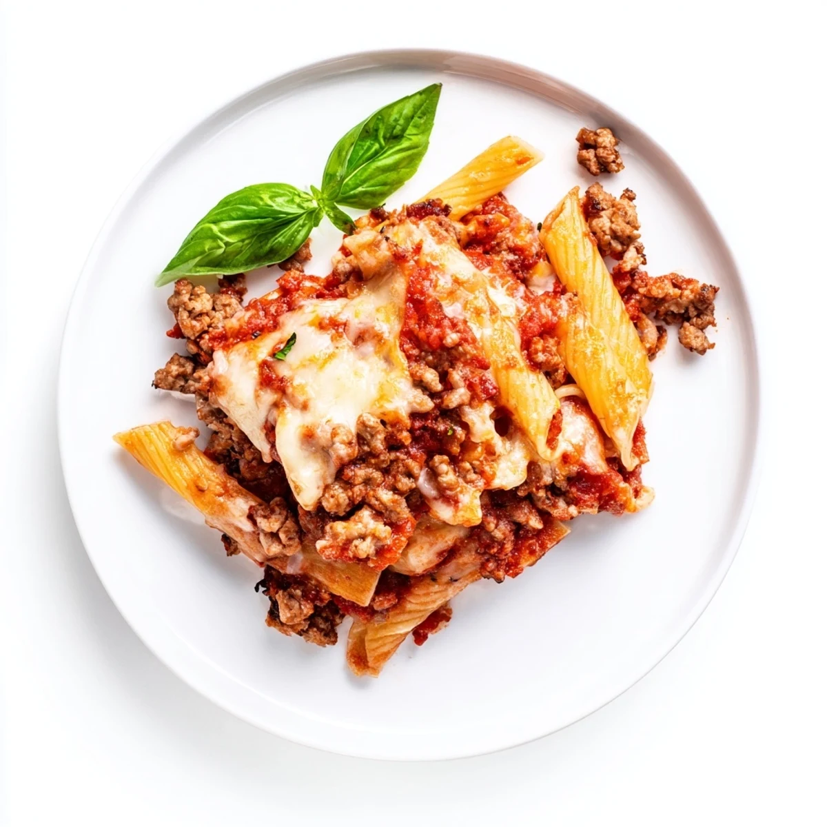 Family-friendly slow cooker baked ziti featuring tender pasta, savory sausage, and fresh basil garnish