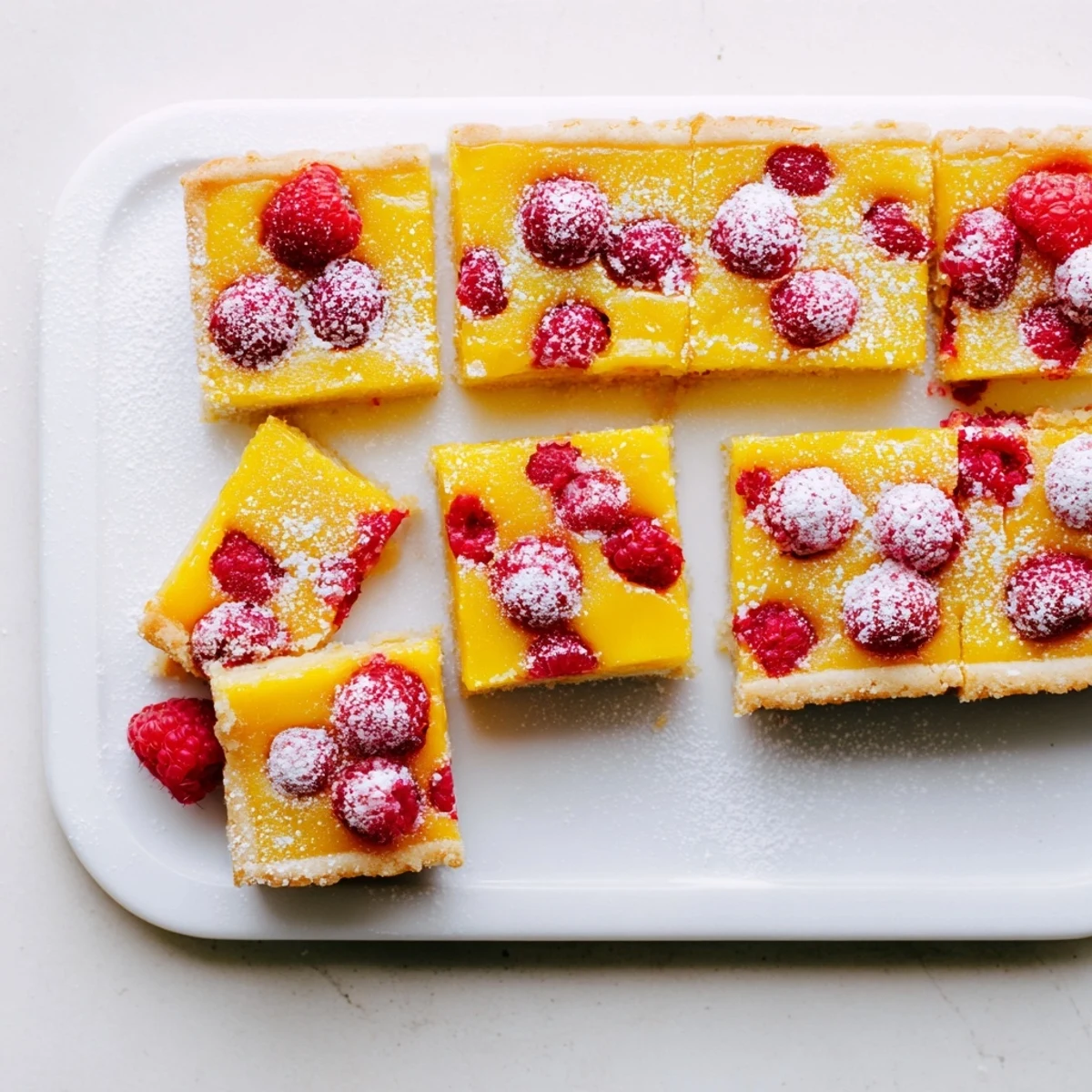 Golden lemon raspberry bars layered on buttery shortbread crust with powdered sugar dusting