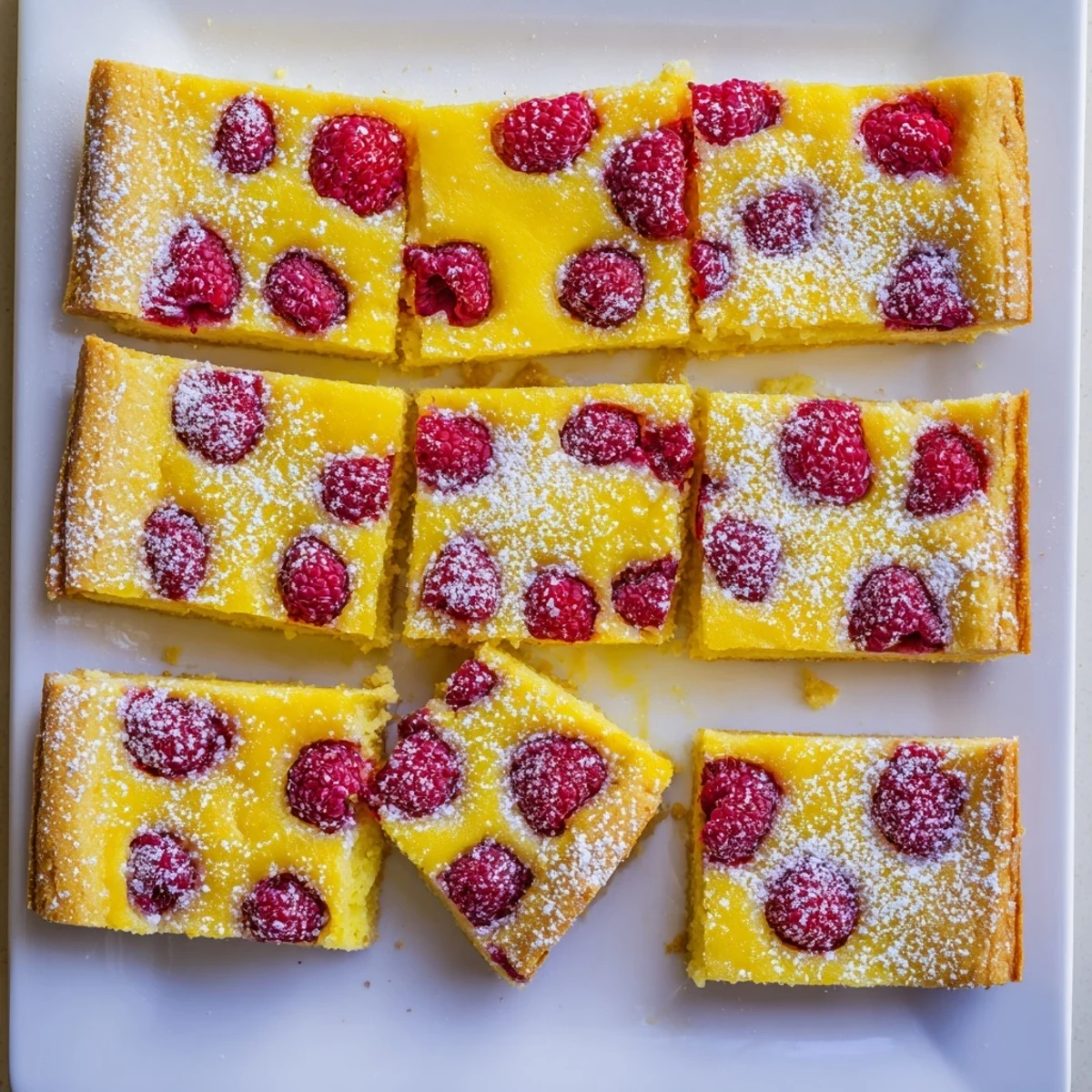 Homemade lemon raspberry bars cut into squares featuring vibrant fruit and buttery crust