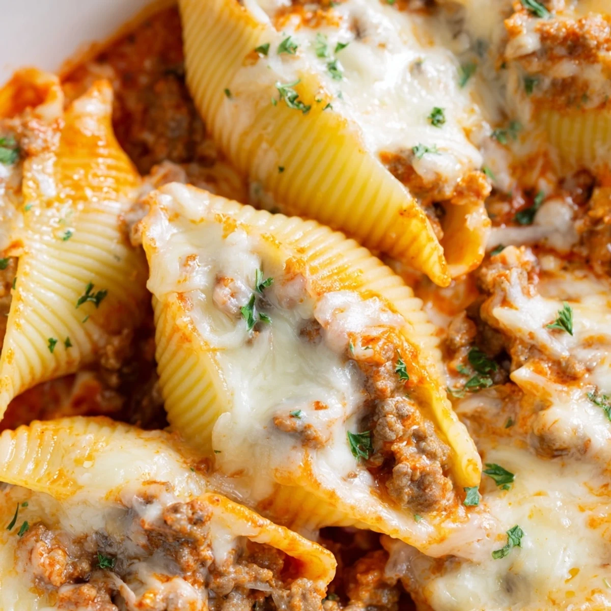 Golden melted cheese blankets tender pasta shells filled with seasoned beef and creamy ricotta in this comforting stuffed shells recipe