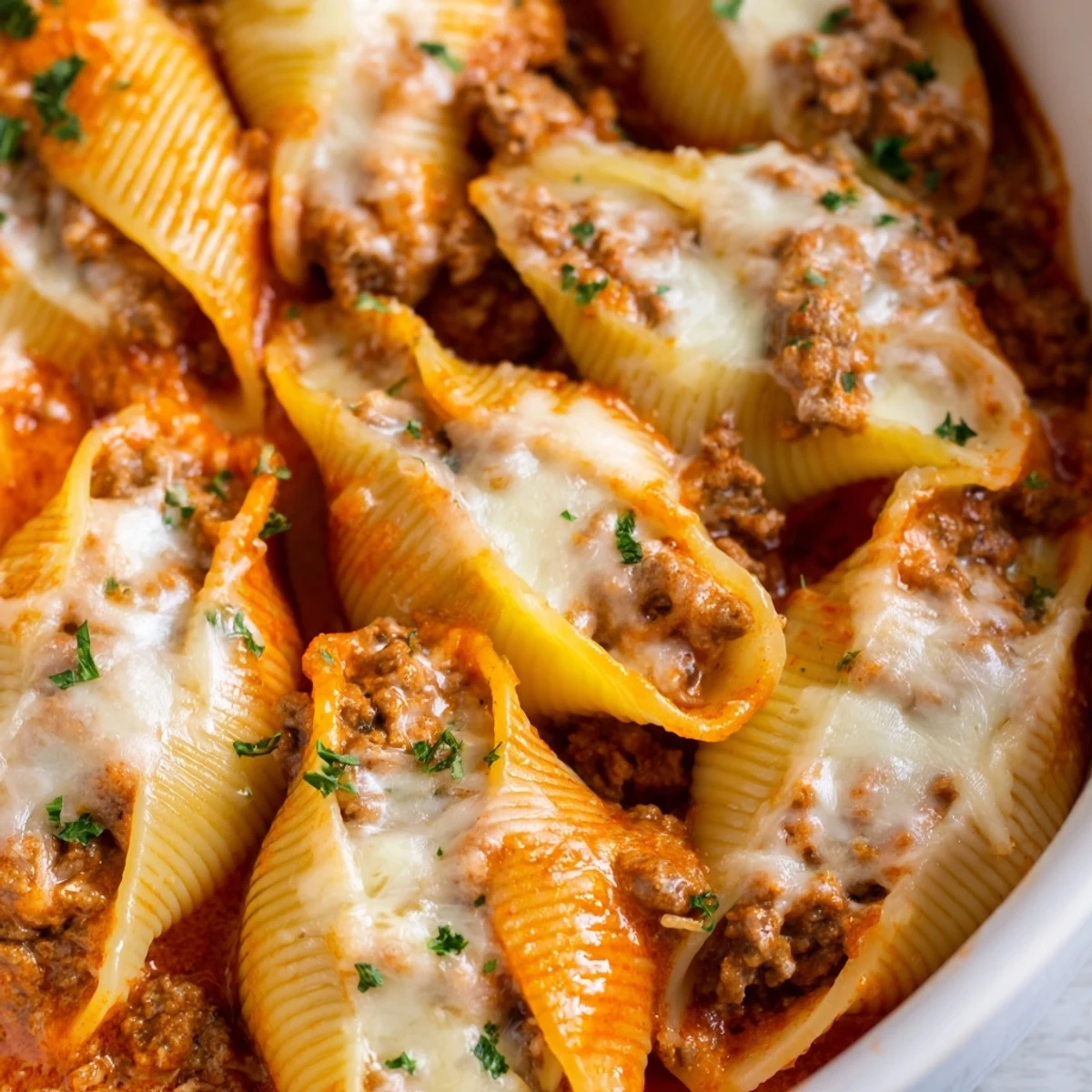 Baked jumbo pasta shells stuffed with savory beef and ricotta sit in a rich creamy tomato sauce topped with bubbly mozzarella cheese