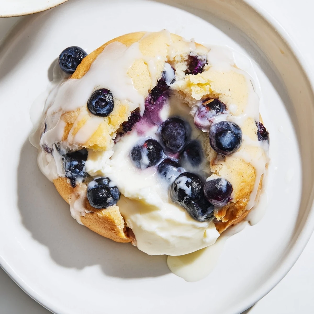 Fresh blueberry lemon cheesecake cookies stacked high showing off creamy cheesecake filling center