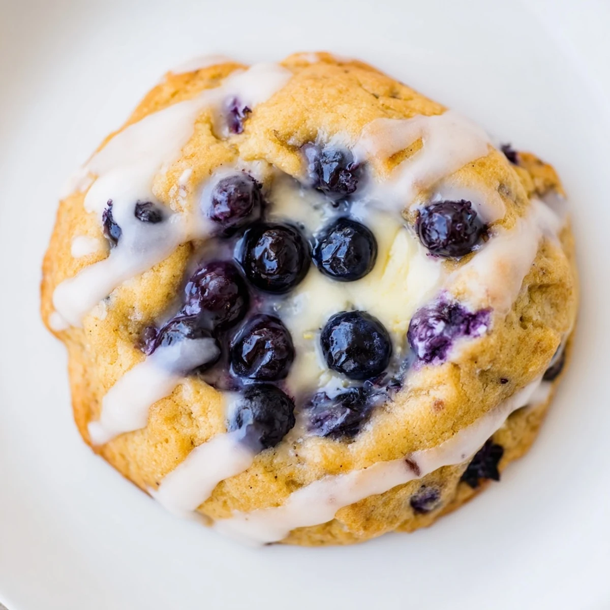 Soft baked lemon blueberry cheesecake cookies drizzled with sweet citrus glaze on plate