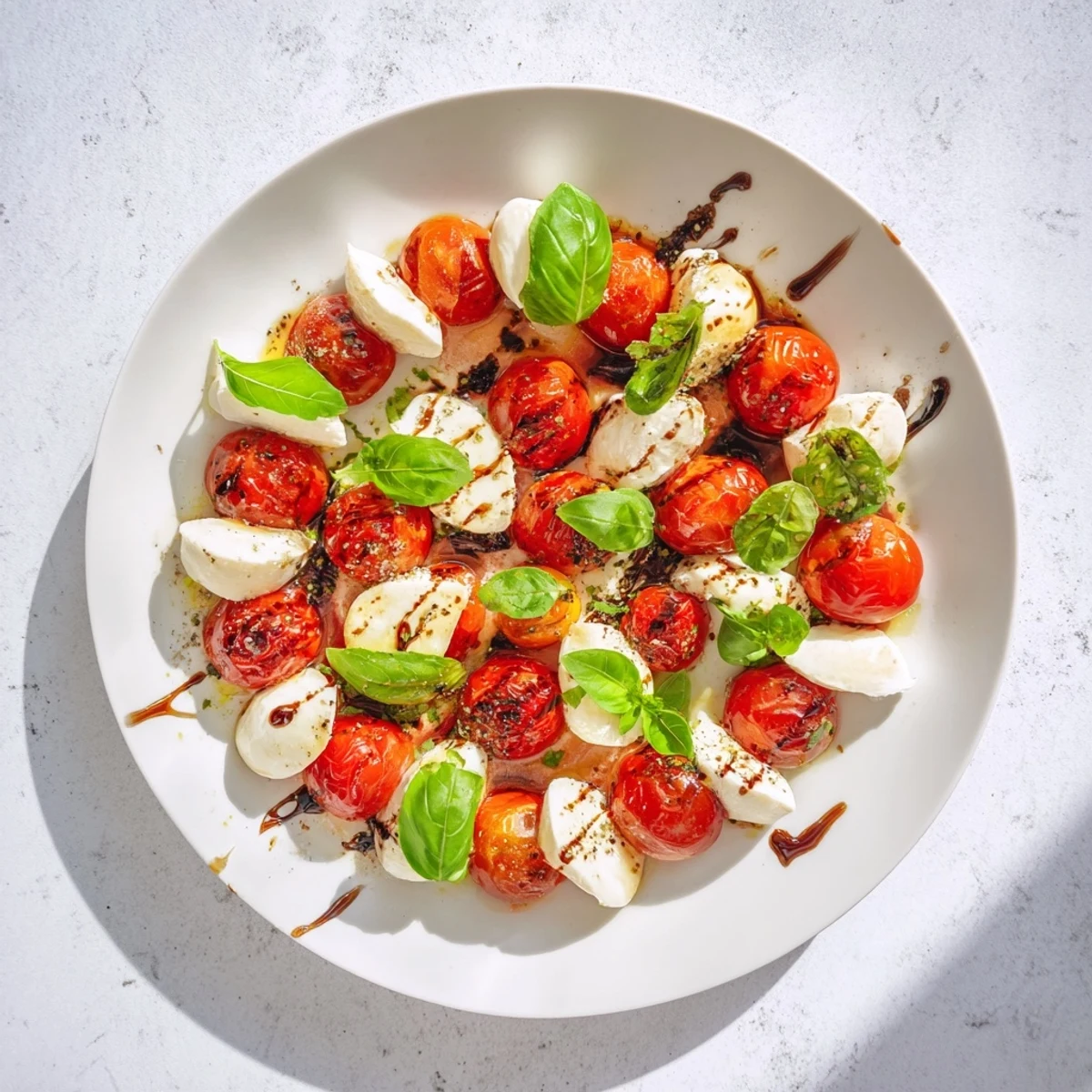 Colorful Caprese salad platter featuring caramelized tomatoes alongside creamy mozzarella and fragrant green basil leaves
