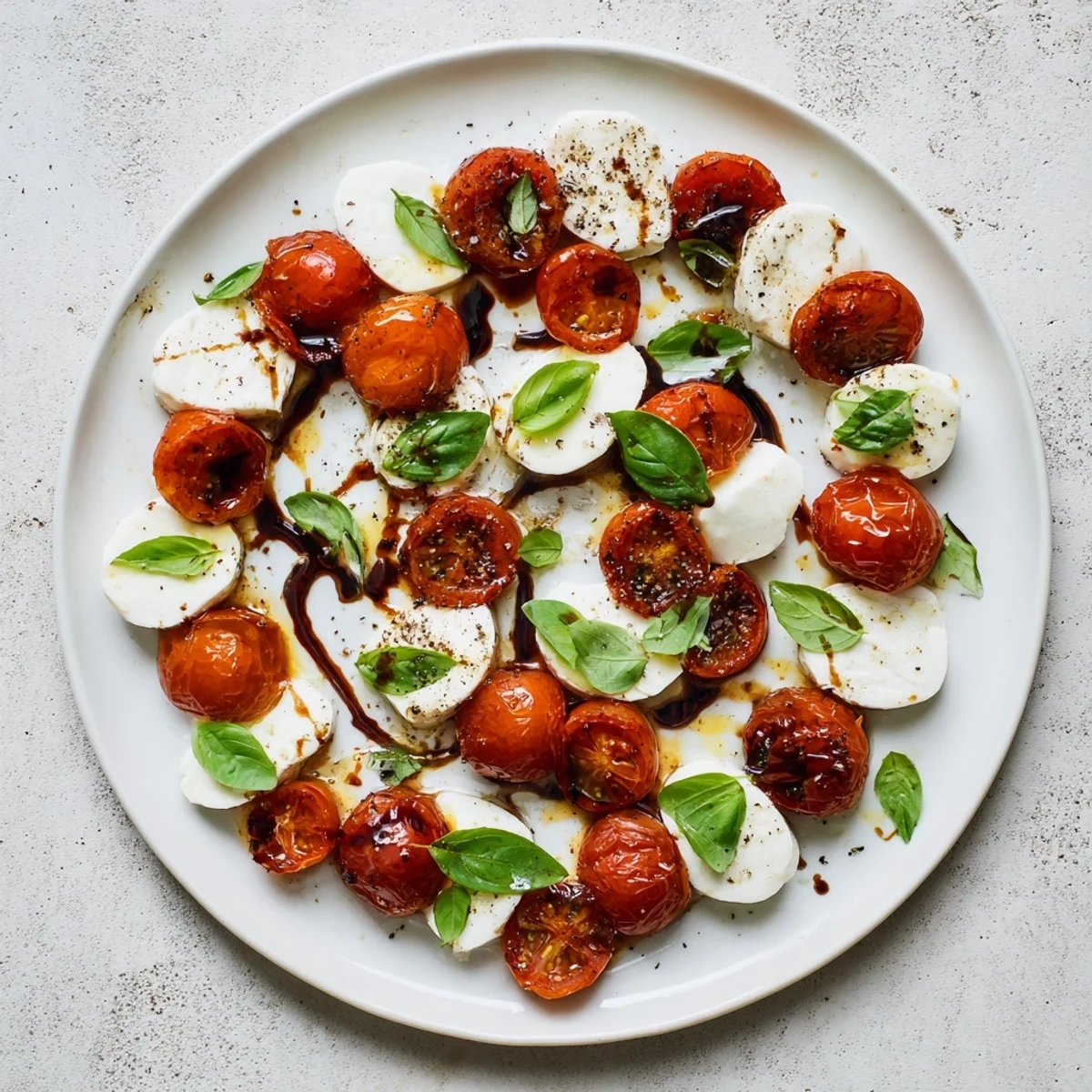 Golden roasted cherry tomatoes layered with fresh mozzarella and basil drizzled with balsamic glaze