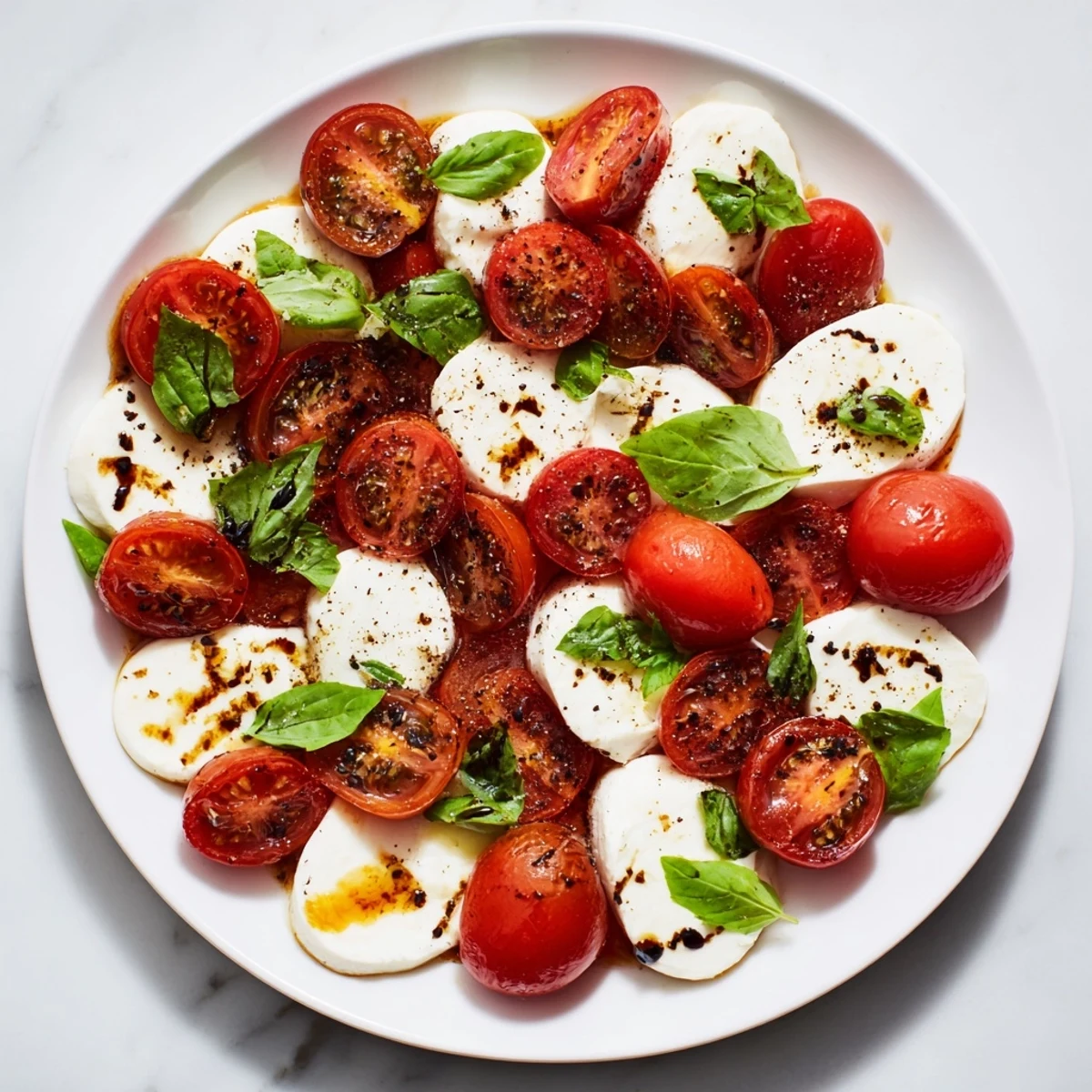 Rustic Italian salad with roasted tomatoes melted mozzarella and fresh basil topped with dark balsamic vinegar
