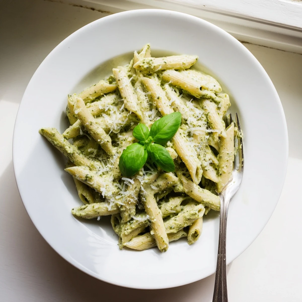 Creamy pesto pasta coated in rich basil parmesan sauce garnished with fresh green leaves