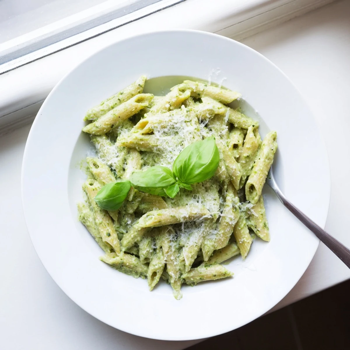 Homemade creamy pesto pasta dish served in white bowl topped with grated parmesan cheese