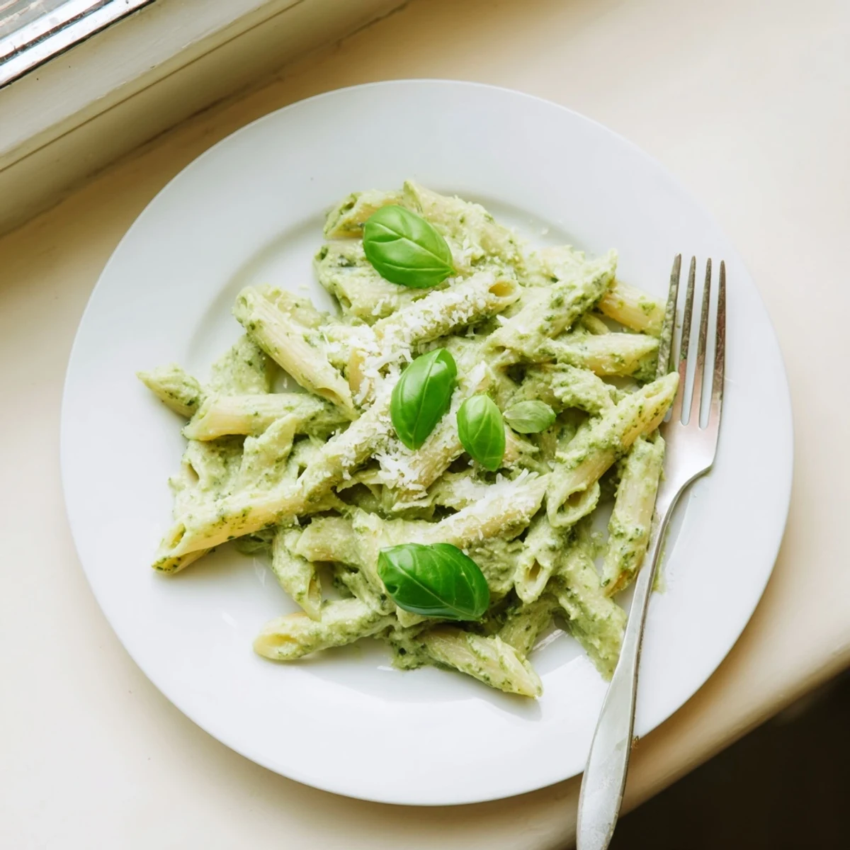 Golden penne pasta tossed in silky garlic cream sauce with vibrant green basil pesto swirls