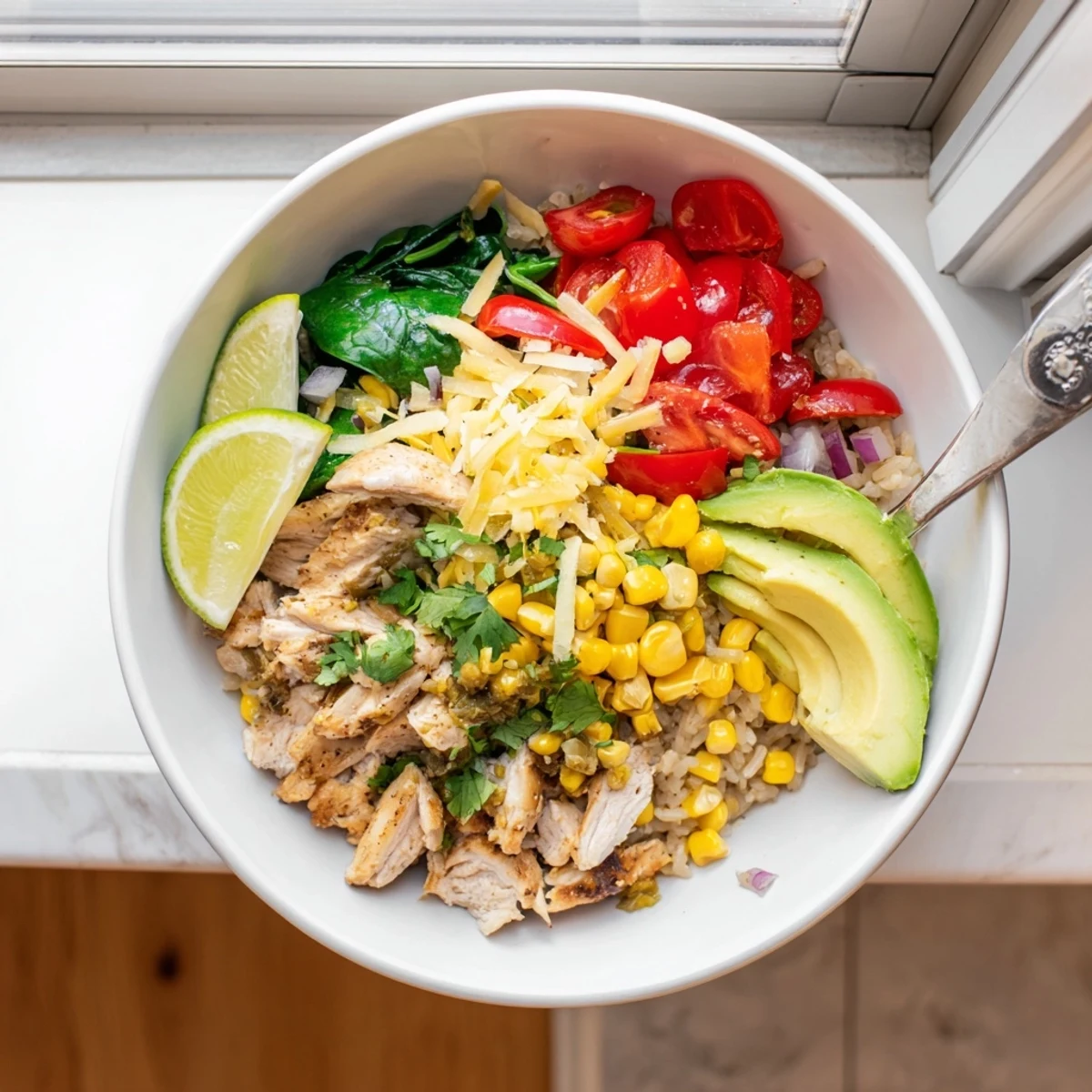 Golden Southwest spice green chile bowl with tender chicken, roasted peppers, avocado slices, cilantro garnish over fluffy brown rice