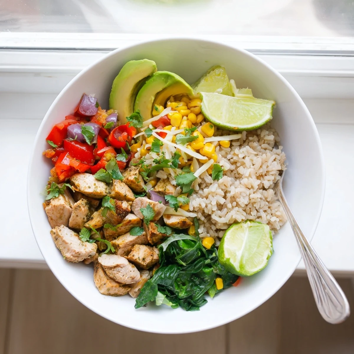 Vibrant Southwest spice green chile bowl packed with seasoned chicken, corn, roasted chiles, spinach, and creamy avocado toppings