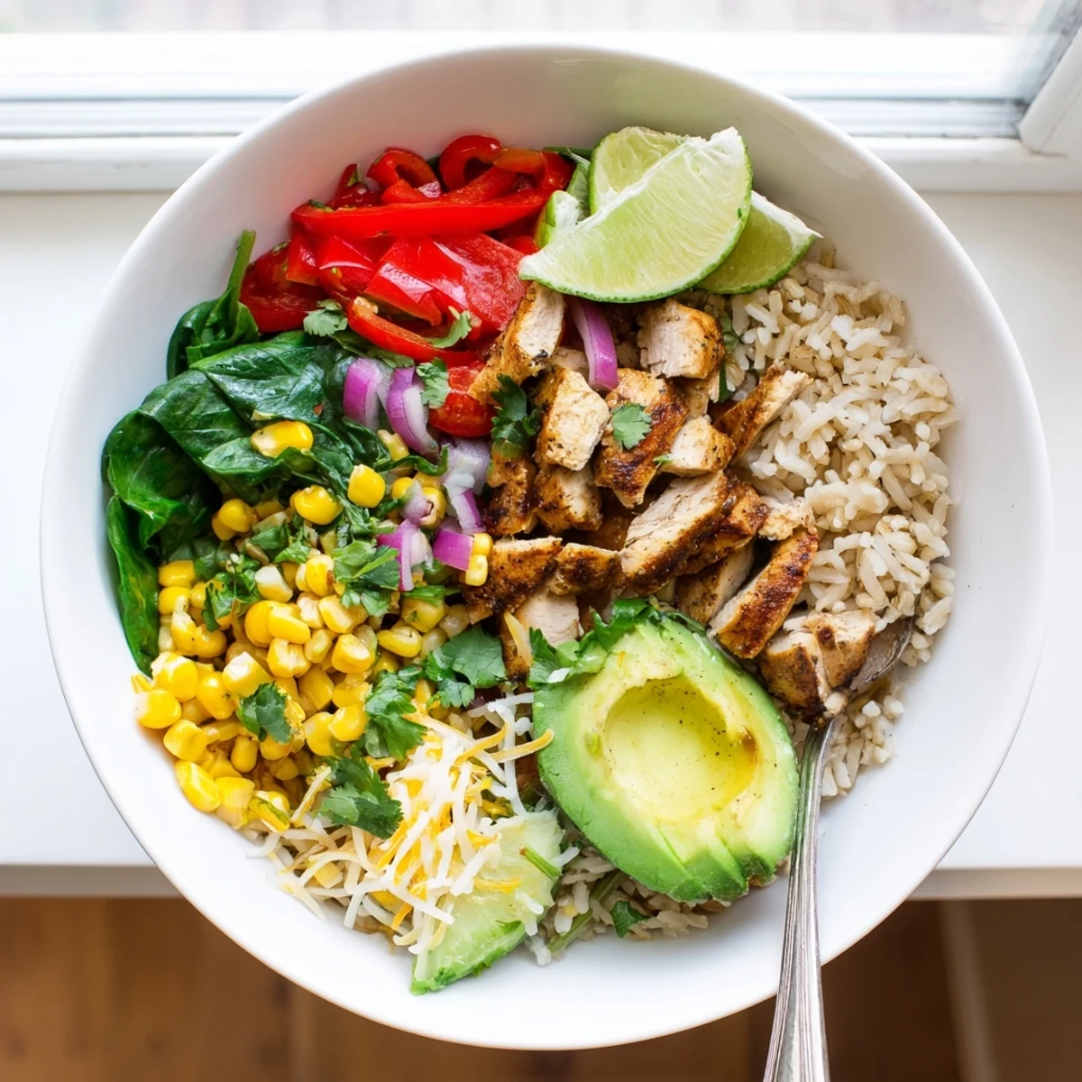 Hearty Southwestern green chile bowl featuring spiced chicken, colorful vegetables, melted cheese, and fresh lime wedges in a serving bowl