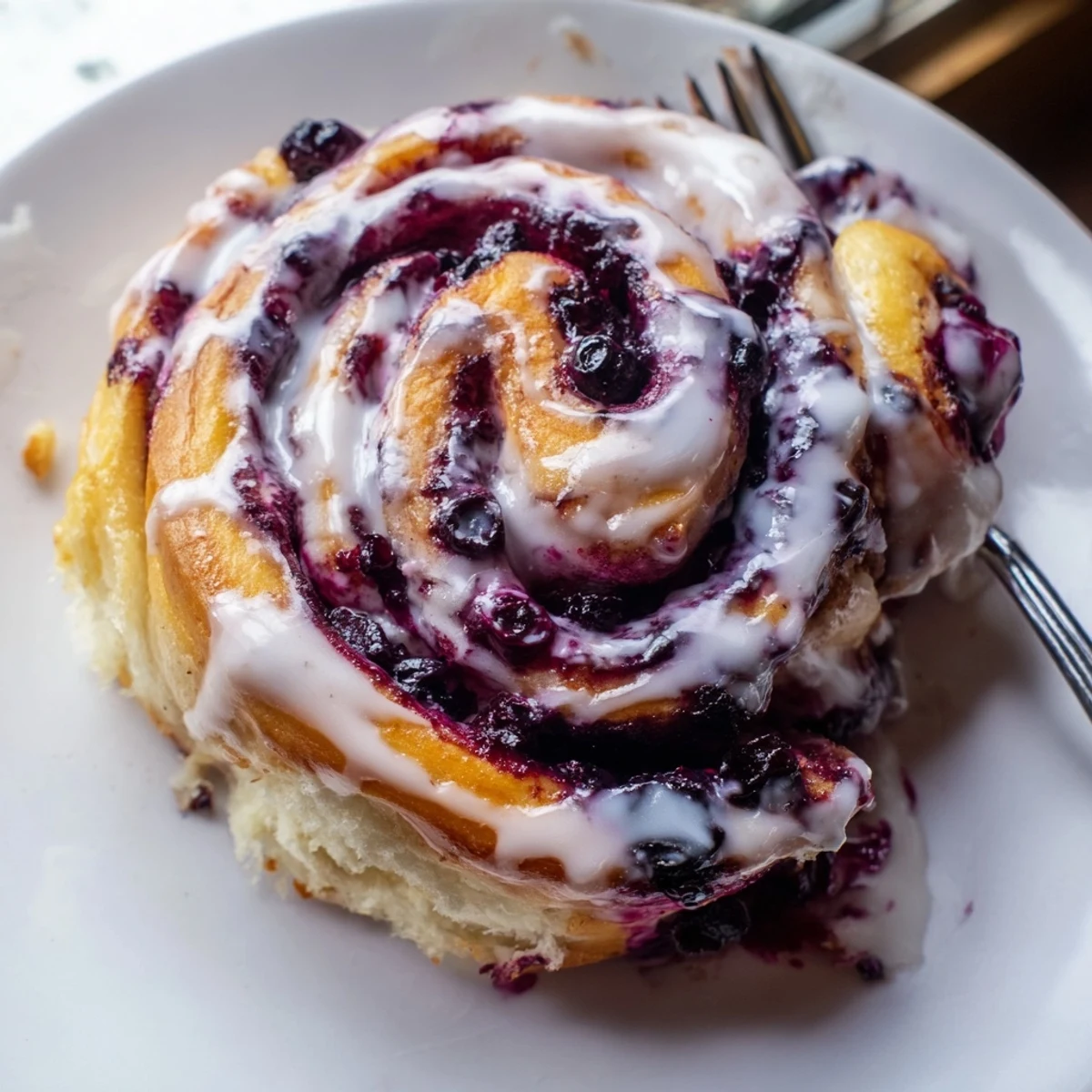 Golden lemon blueberry rolls drizzled with white lemon glaze on a serving platter
