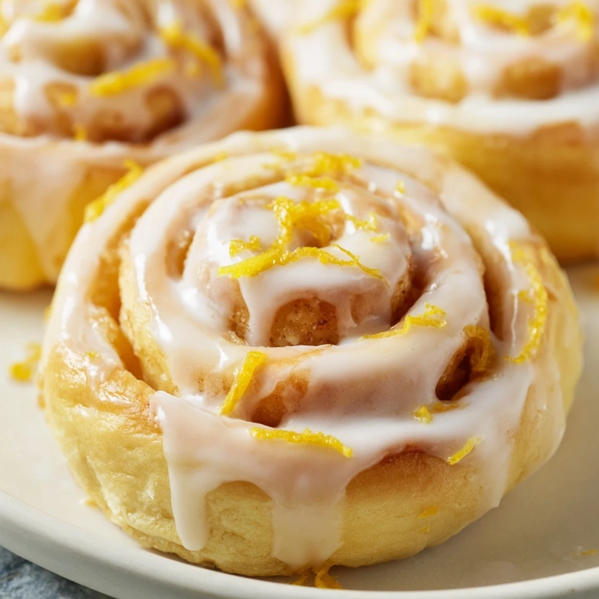 Golden homemade lemon rolls drizzled with white glaze and fresh lemon zest garnish