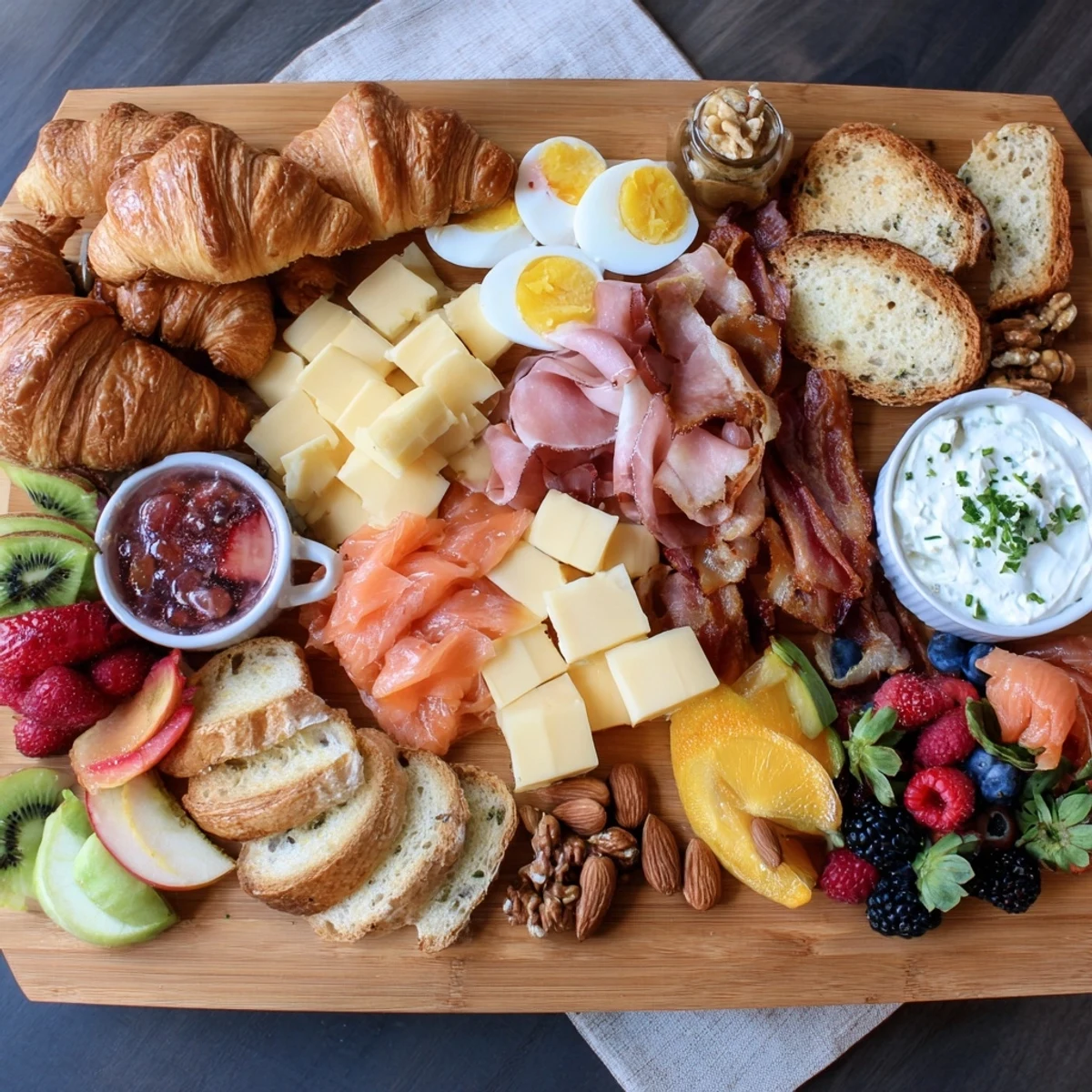 Colorful breakfast charcuterie board featuring cured meats, cheeses, toasted bagels, seasonal fruits, and sweet spreads