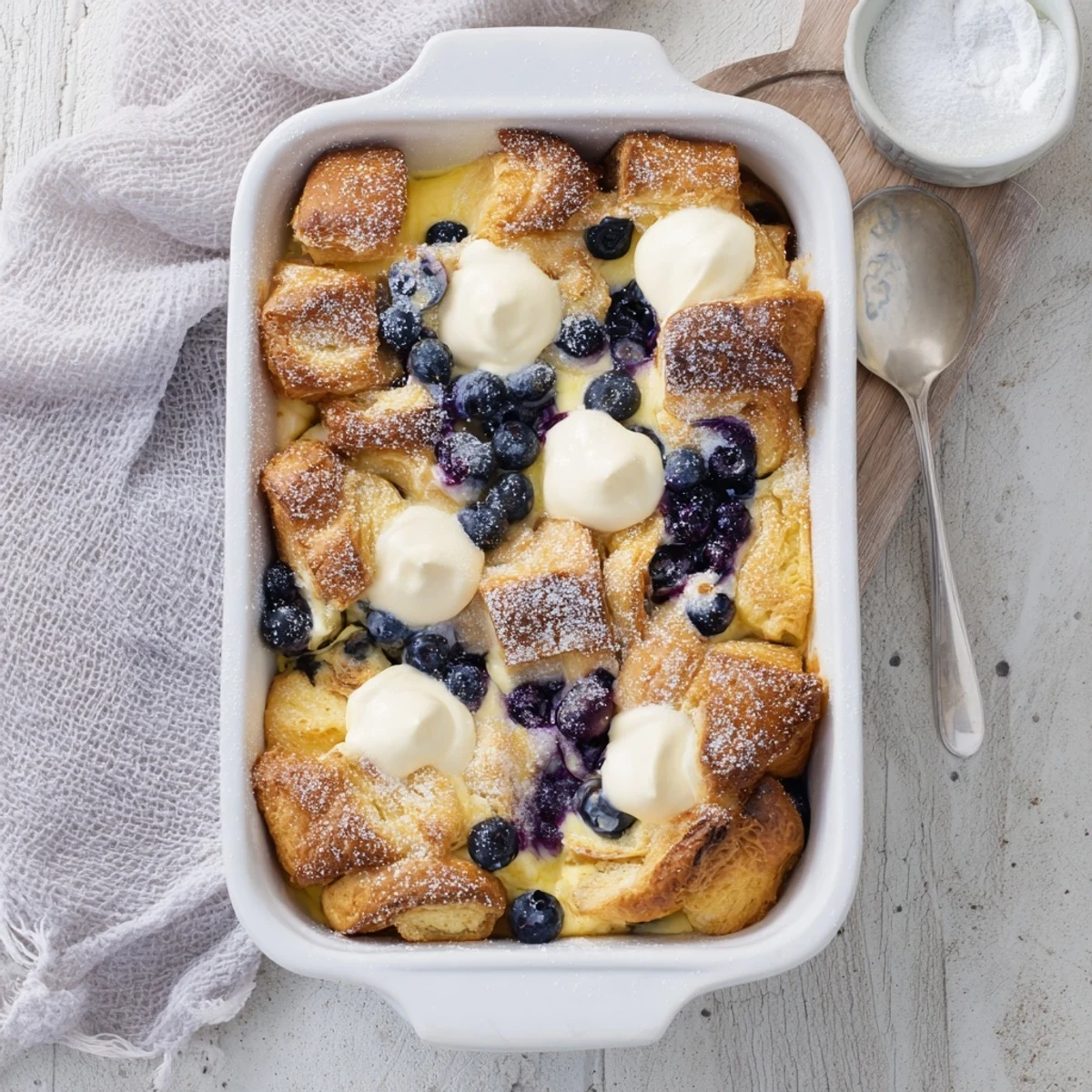 Golden Blueberry Cream Cheese Croissant Casserole fresh from the oven with melted butter and juicy blueberries