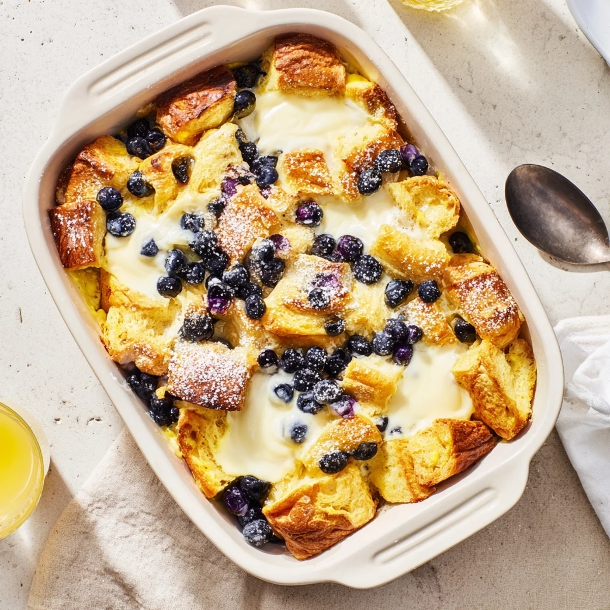 Creamy Blueberry Cream Cheese Croissant Casserole layered with soft custard and golden pastry squares