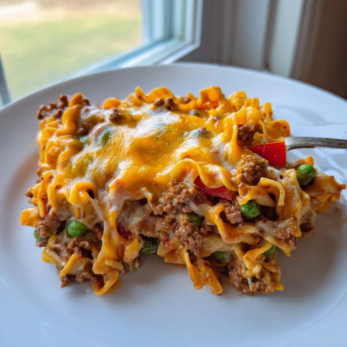 Golden cheesy beef and noodle casserole with melted cheddar bubbling in a baking dish