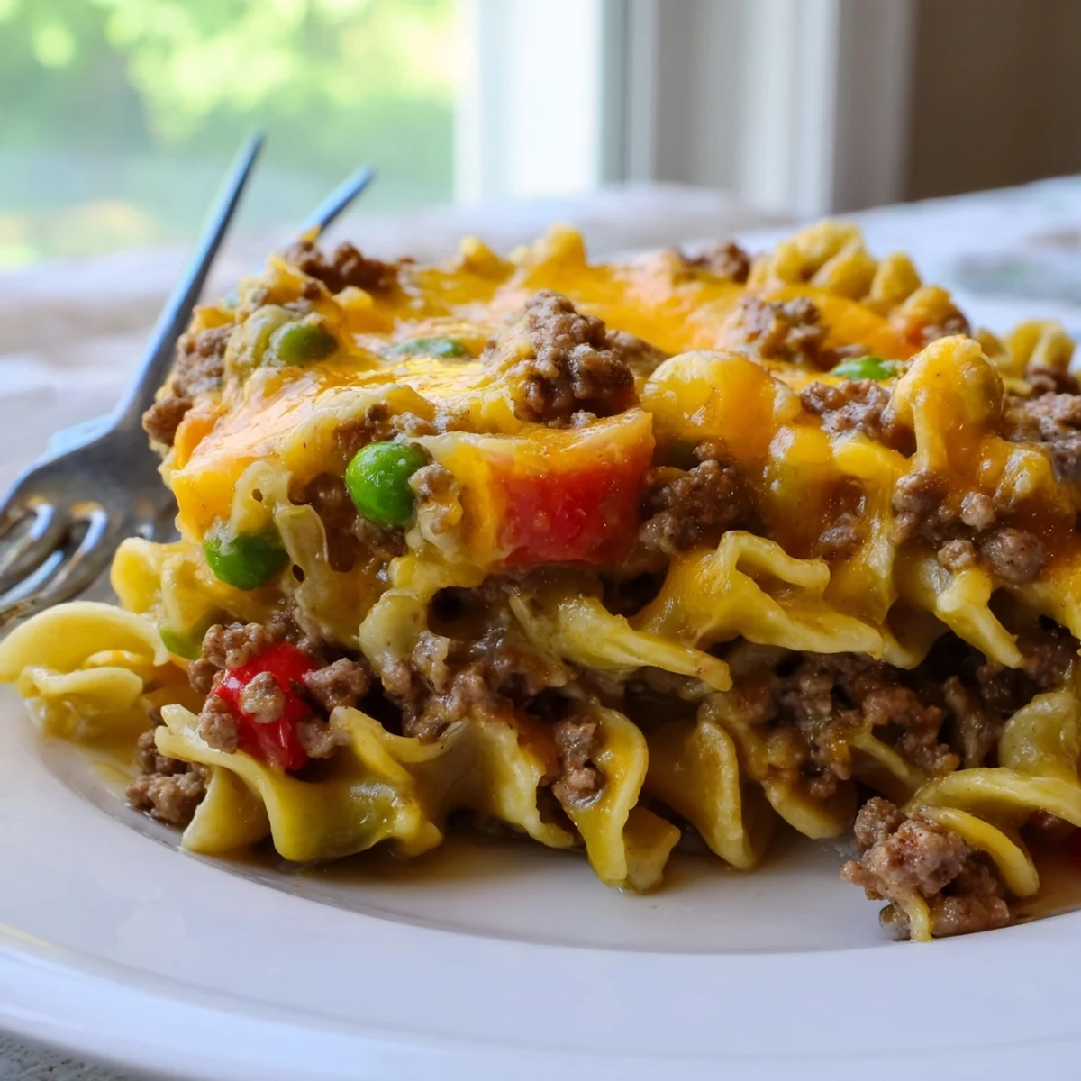 Creamy cheesy beef and noodle casserole topped with melted cheese and served hot